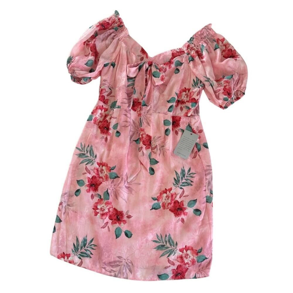NSR Women’s Pink Tropical Floral Print Tie Front Mini Dress Size Medium NWT
